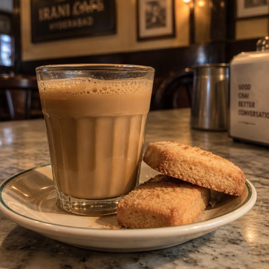 Glass of Irani chai with Osmania biscuits